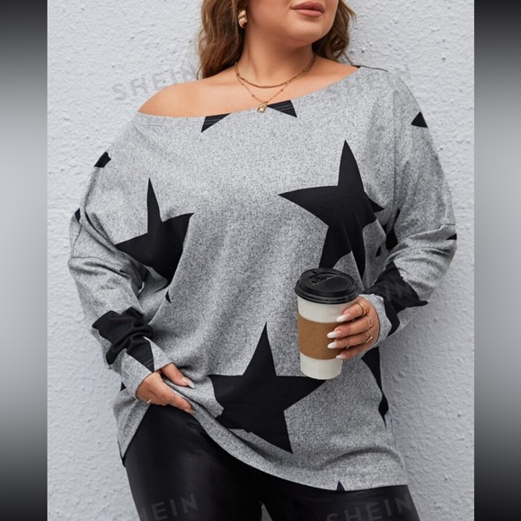 SHEIN plus size 16 star print drop shoulder long sleeve top (light gray) - Picture 2 of 5